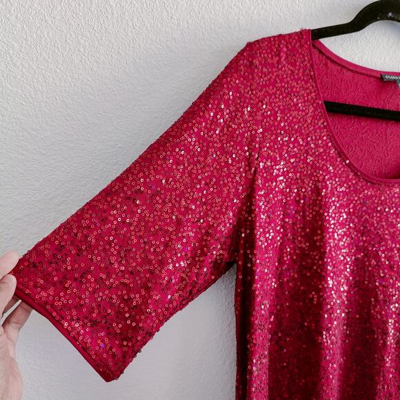 Eileen Fisher Large 100% Silk Red Sequin Tunic Elbow Sleeve Blouse Top Shirt - Picture 7 of 7